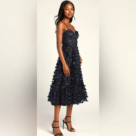 Lulus Navy Blue Butterfly Spaghetti Straps Lace Up Midi Dress **Size M** 🦋🦋 - Picture 2 of 10
